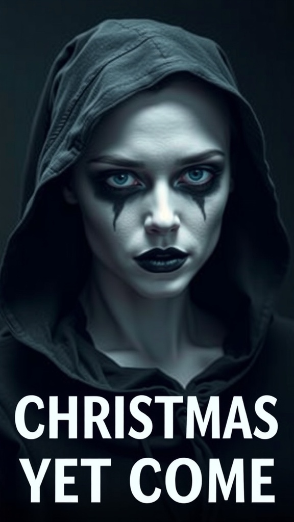 Makeup look of the Ghost of Christmas Yet to Come with dark eyes, pale skin, and a hooded cloak.